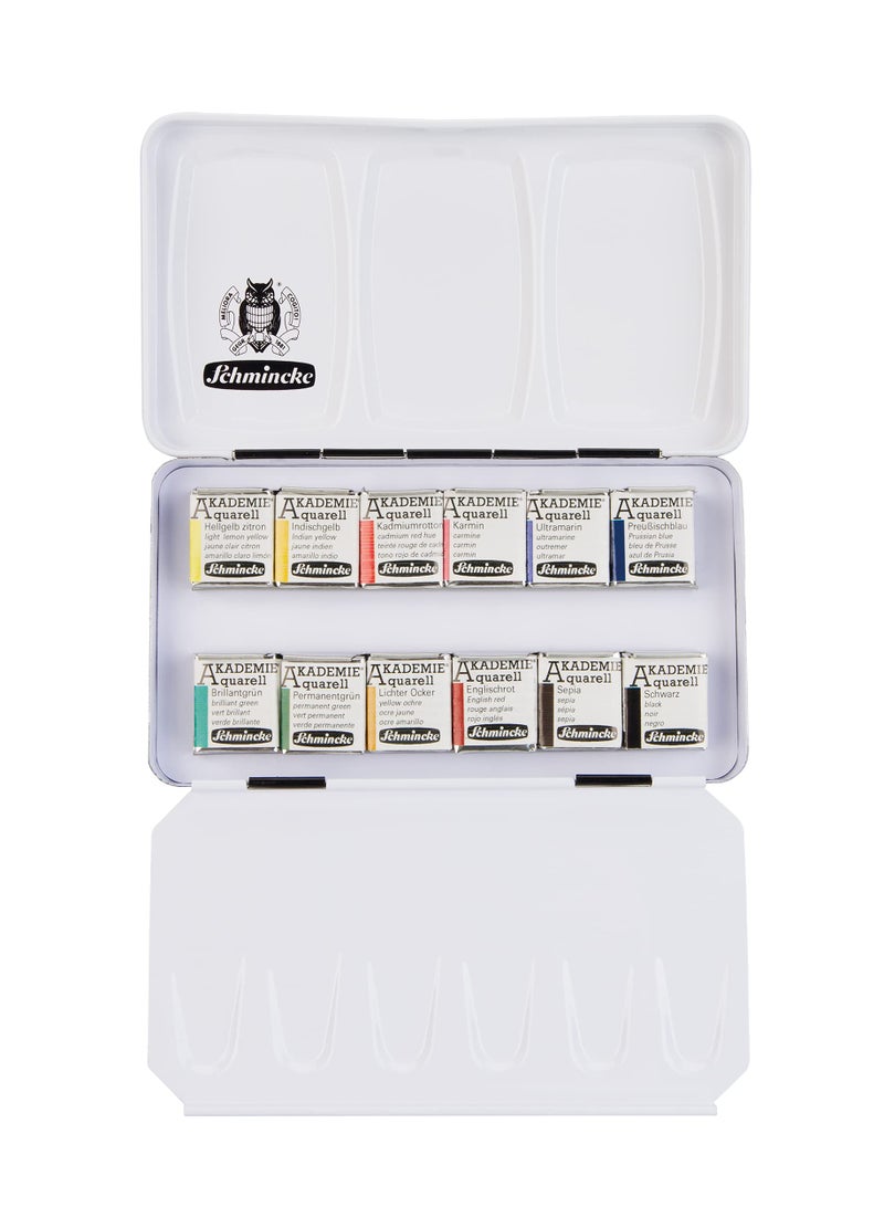 Schmincke - AKADEMIEÂ®AQUARELL Watercolor Compact Color Box, Basic Assortment 12 x 1/2 Pans, 75 112 097, Metal Box, Highly lightfast Colors, fine Artists' Watercolors - Image 1